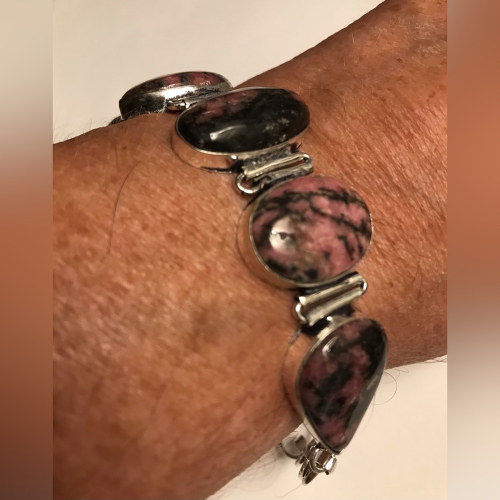 Rhodochrosite Stamped 925 Sterling Silver Bracelet - Picture 3 of 4